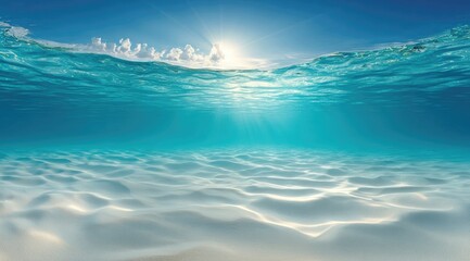 Obraz premium Underwater view of a tropical beach. Sunlight streams through turquoise water to a sandy bottom