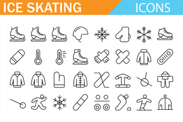 Collection of line art icons for ice skating, featuring skates, helmets, and jackets.