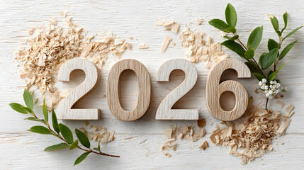 Wooden numbers 2026 arranged artistically on a rustic white wooden background with natural elements and shavings, symbolizing new beginnings and fresh starts. Selective focus