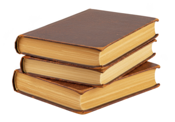 A stack of three old, brown leatherbound books with yellowed pages, isolated on a transparent background, symbolizing knowledge
