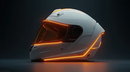 Sleek white motorcycle helmet, lit by orange neon accents.  Dark background