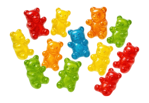 Assorted colorful gummy bear candies in various bright colors and flavors arranged randomly on transparent background.
