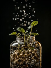 Sprouts growing from seeds in a jar filled with water and bubbles against a black background