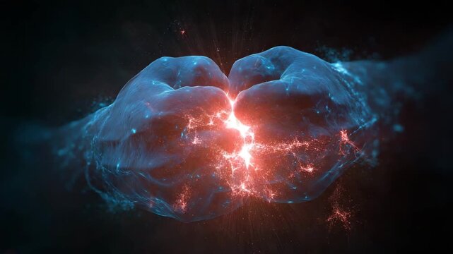 Two hands are shown in a close up with a blue and red color scheme. The hands are in a fist. crimson fists punching a glowing cancer sphere, particles exploding, break cancer cells, targeted therapy