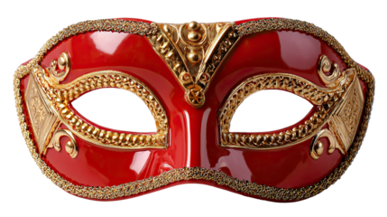 Red Venetian Mask: A captivating close-up of a red Venetian mask, adorned with intricate gold embellishments, exuding an air of mystery and elegance, inviting intrigue and excitement.