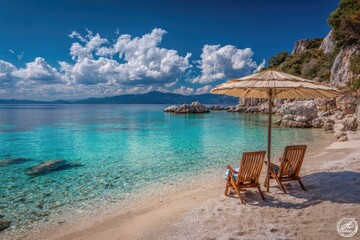 Tranquil beach scene with two wooden chairs and a straw umbrella. Turquoise water, sandy beach, and dramatic sky