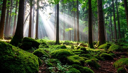Sunlight Streaming Through Forest Trees with Mossy Ground