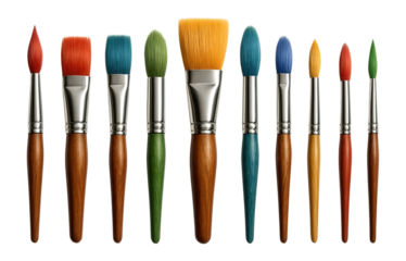 A collection of various paintbrushes with colorful bristles and wooden handles aligned in a row on transparent background.