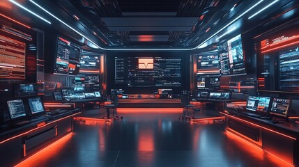 Futuristic Detail Control Room With Computer Screens Displaying Data Center