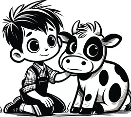 Adorable cartoon of a boy gently petting a cute cartoon cow, a sweet illustration for children's books and educational materials conveying farm friendship
