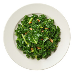 Fototapeta premium Freshly prepared kale salad with nuts and greens on a white plate, showcasing vibrant colors