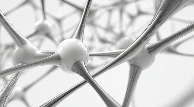 Abstract, 3D rendering of interconnected, metallic molecular structures.  White spheres connected by silver rods.  Complex, intricate network.  Focus on detailed connections