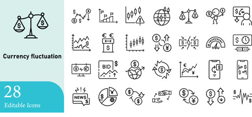 Collection of 28 editable currency fluctuation set icon illustrations depicting financial market trends and economic indicators in a clean line art style