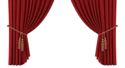 Luxurious red velvet theatrical curtains, tied open with shimmering gold and red braided tassels, framing a vast transparent copy space with bright, even light, concept of theatrical presentation
