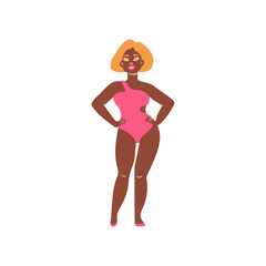 Stylish woman with short blonde hair confidently posing in a chic pink swimsuit perfect for summer fun and fashion illustrations or designs