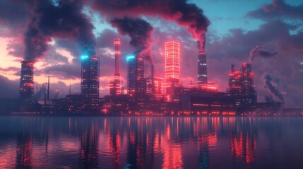 Obraz premium Dramatic Industrial Cityscape with Reflections on Water and Pollution