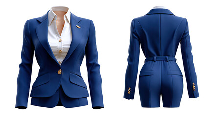 Business Suit: Front and back view of a formal blue business suit for a woman, showcasing the elegance and style of professional attire, perfect for corporate settings.