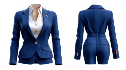 Business Suit: Front and back view of a formal blue business suit for a woman, showcasing the elegance and style of professional attire, perfect for corporate settings.