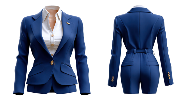 Business Suit: Front and back view of a formal blue business suit for a woman, showcasing the elegance and style of professional attire, perfect for corporate settings.