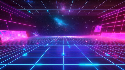 80s inspired VR gaming lounge with holographic battles and neon grid floors