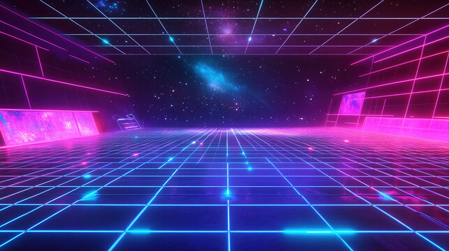 80s inspired VR gaming lounge with holographic battles and neon grid floors