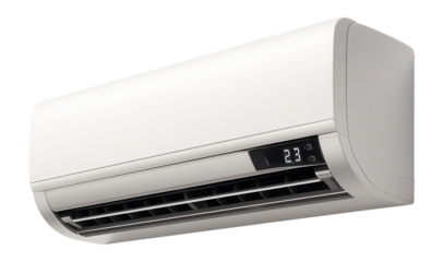 Wall-mounted air conditioning unit displaying 23 degrees on its digital screen on transparent background.