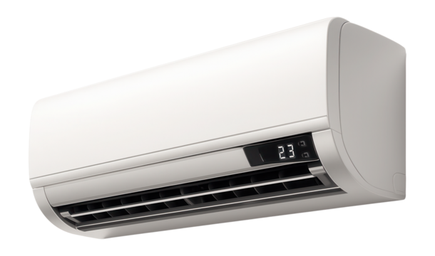 Wall-mounted air conditioning unit displaying 23 degrees on its digital screen on transparent background.