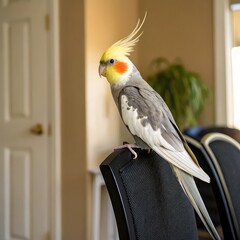 Beautiful Cockatiel Parrot with Bright Orange Cheeks in Living Room, Domestic Cockatiel Bird Indoors, Cockatiel Parrot, red tailed hawk perched
