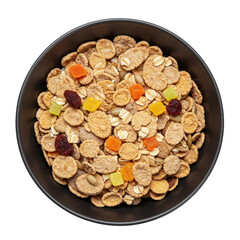 Fototapeta premium A close-up view of a bowl of mixed cereal with dried fruits and oats, set against a plain background