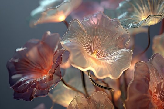 The image shows a close-up of translucent, flower-shaped glass art with golden accents.

