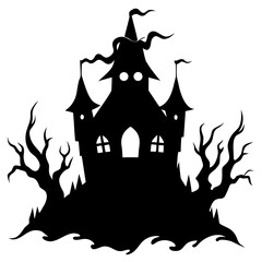 Spooky Haunted House with Bare Trees in Black Silhouette Style silhouette