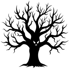 Spooky Halloween Tree with Glowing Eyes Silhouette in Black and White