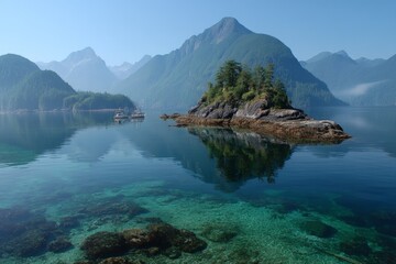 Calm waters reflect a serene landscape in a secluded bay surrounded by mountains and lush greenery