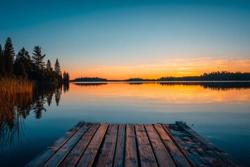 Fototapeta premium Beautiful sunset over calm lake with wooden dock, colorful sky reflecting on water during twilight hours