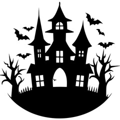 Spooky Haunted House with Bats Halloween Illustration in Silhouette Style silhouette