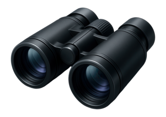 High-quality black binoculars with ergonomic design and textured focus wheel on transparent background.