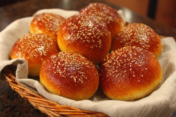 Freshly baked sesame rolls in a woven basket on a rustic kitchen counter
