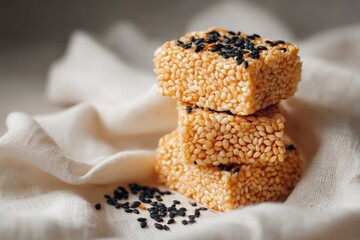 Sesame candy stacked on soft fabric at a kitchen table during daytime