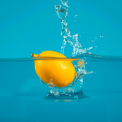 Fresh yellow lemon splashing into clear water on blue background &ndash; high-speed photography