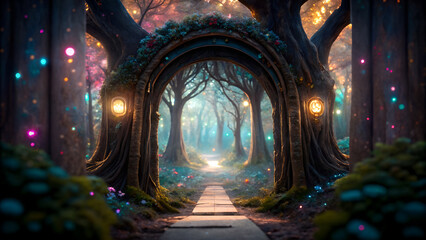 Enchanted Forest Path with Glowing Lights and Magical Tree Tunnel Portal