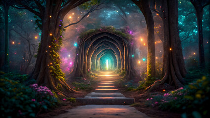 Enchanted Forest Path with Glowing Lights and Magical Tree Tunnel Portal