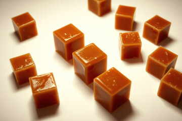 Caramel cubes, close-up. Detailed view, rich color. Dessert, sweet treat.