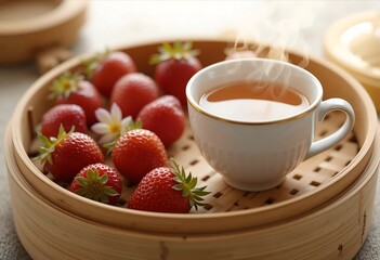 Tea and Strawberries. Warm Tea and Fresh Strawberries. Still Life: Tea, Strawberries, and Bamboo Tray. Steaming Tea with Fresh Strawberries