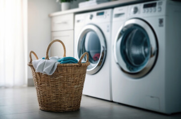 Washing machine laundry. Basket ready for washing. Illustrates chores, cleaning and everyday life.