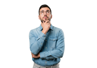 Young caucasian man, late 20s, dark hair, light beard, wire-rimmed eyeglasses, blue denim shirt, light trousers, hand on chin, looking up thoughtfully on transparent background, concept of deep