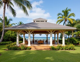 Fototapeta premium pavilion open on all sides with wide eaves, designed for continuous air circulation, heat exits through roof vent, placed in tropical area to utilize cooling sea breeze