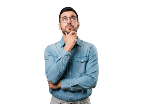 Young caucasian man, late 20s, dark hair, light beard, wire-rimmed eyeglasses, blue denim shirt, light trousers, hand on chin, looking up thoughtfully on transparent background, concept of deep