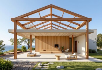 Obraz premium pavilion structure without enclosures, airflow moves freely through interior, passive cooling strategy using roof vents and shade, no fans required for thermal comfort