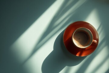 Rich espresso in a brown cup sits on a plate as soft shadows play across a light background