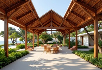 Fototapeta premium pavilion with natural airflow optimization, open all around and roof shaped to guide heat upward, sustainable and breathable space, built for tropical or coastal climate